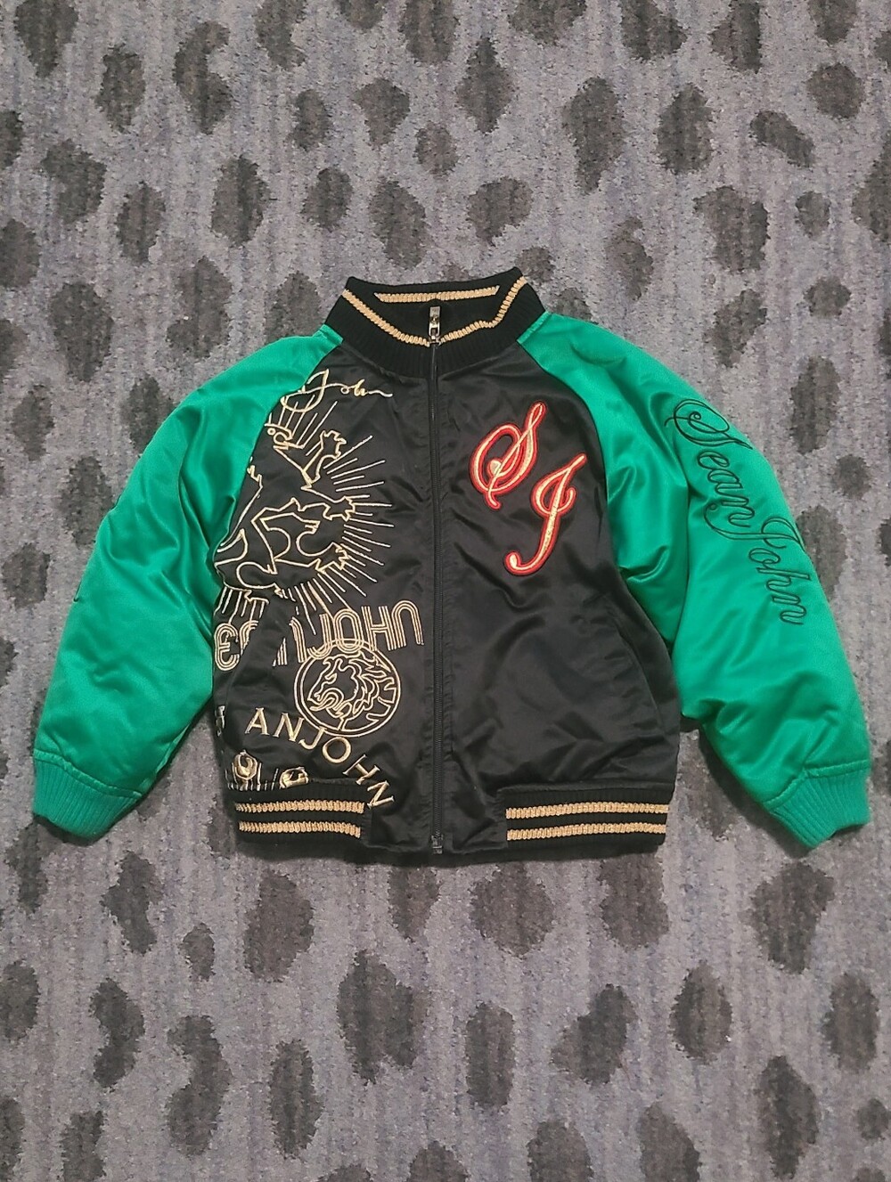 Sean Jean Black and Green Satin Bomber Jacket sz 4T